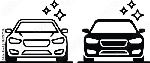 Two clean shining cars, one outlined and one solid, are shown sparkling brightly from the front view