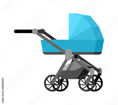 Flat design vector illustration of a modern blue baby stroller. Parenthood, childhood, and infant care concept. Isolated on white.