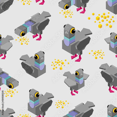 Seamless pattern featuring isometric flying pigeons. Modern vector background for city, urban, and nature-themed designs.