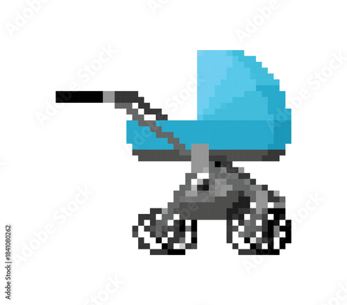 Pixel art baby stroller in retro 8-bit style. Simple gaming asset for family, childhood, and transport themes.