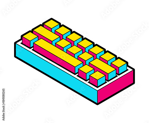 Pop art style keyboard key row with vibrant colors and bold outlines. Retro tech and gaming vector.