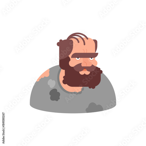 Flat design avatar of a homeless man with a big beard and worn clothing. Social issue and urban life portrait icon.