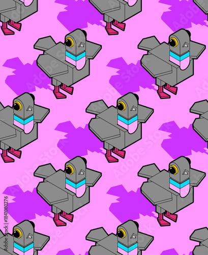 Seamless pop art pattern featuring flying pigeons with comic-style dots and bold lines. Urban nature and retro aesthetic background.