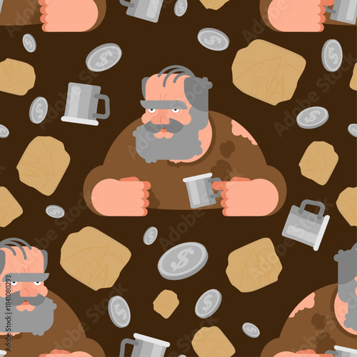 Seamless pattern homeless man's portrait and surrounding debris. Repeatable background for social or urban themes.