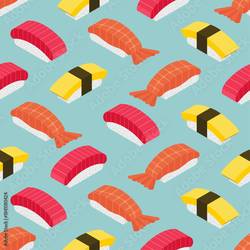 Seamless pattern featuring different types of sushi on a blue background. Repeatable background for food, restaurant, and Asian cuisine themes.