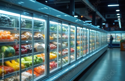 Supermarket refrigerated shelves display fresh fruits vegetables meat and bread. Customers choose items from open cool doors in a well lit retail store.