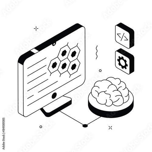 A trendy isometric illustration of machine learning algorithm and Ai model