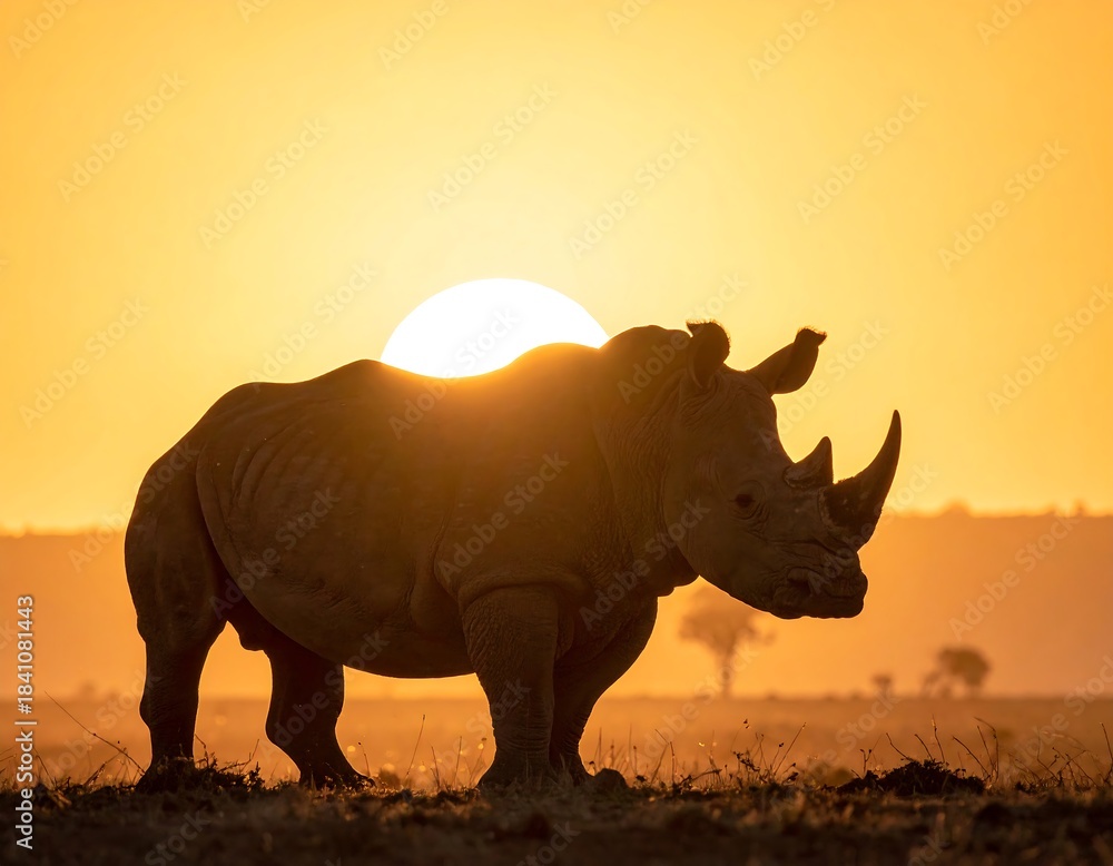 Fototapeta premium A silhouette of a rhinoceros against a vibrant sunset