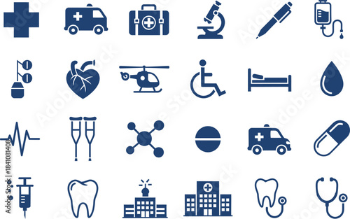 Collection of detailed blue medical icons representing healthcare services and emergency assistance concepts