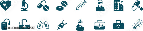 Collection of detailed medical icons representing healthcare technology and various medical procedures and equipment