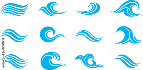 Watercolor wave set in various shapes and sizes on a white background ideal for ocean themed designs
