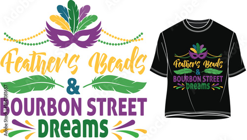 Vibrant Mardi Gras Shirt Design with Feathers and Beads