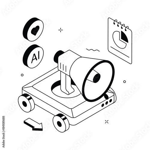 Automated digital promotion, smart campaign, isometric illustration of ai marketing