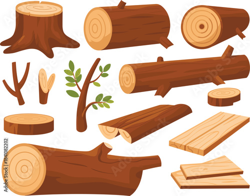 Collection of wood lumber, logs, stump, tree branch, planks, firewood, timber, natural forestry materials