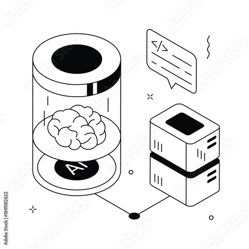 Isometric digital brain concept representing neural technology