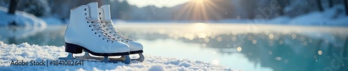 A pair of ice skates rests on a snowy, frozen lake, ready for a winter glide The crisp winter air and sparkling ice create a serene winter scene, perfect for skating , crystal, blue, equipment