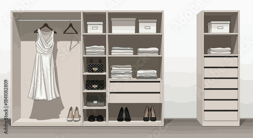 Organized closet featuring a dress shoes handbags and neatly folded clothes