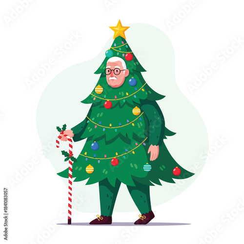 Funny elderly man inside a christmas tree costume holding a candy cane
