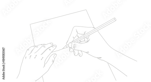Hands drawing on paper with a pencil in a simple black and white illustration