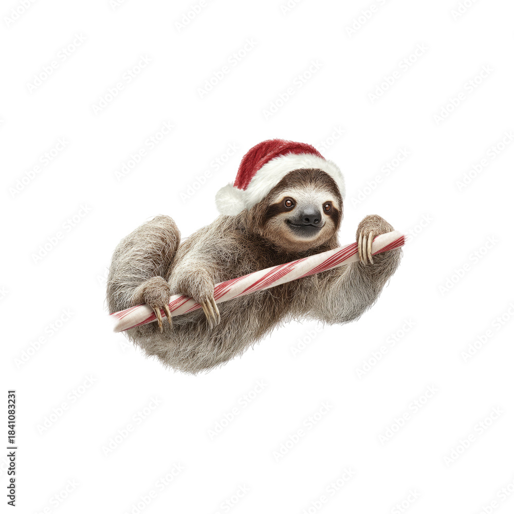 Fototapeta premium Cute festive sloth wearing red Santa hat while hanging playfully from striped candy cane in cheerful holiday theme isolated on white background