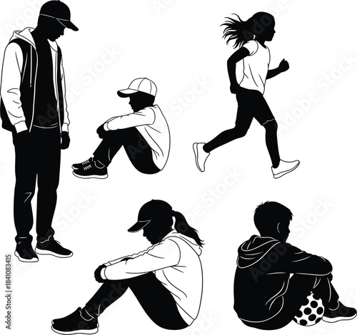 Teenagers silhouettes vector art illustration running sitting standing eps