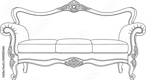 Elegant victorian style sofa with ornate details in a line art illustration