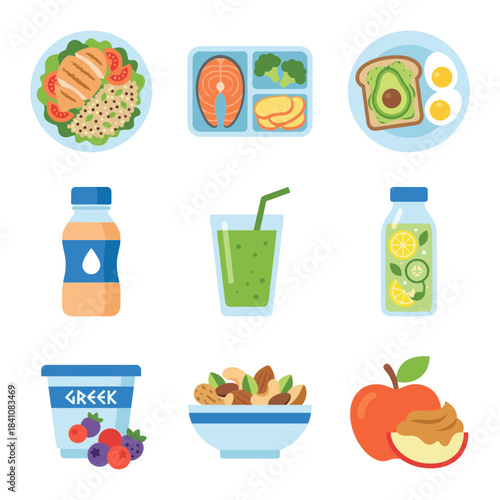 Healthy Eating Food and Drinks Icons Collection: Balanced Diet, Fitness, Nutrition, and Organic Snacks for Wellness Lifestyle