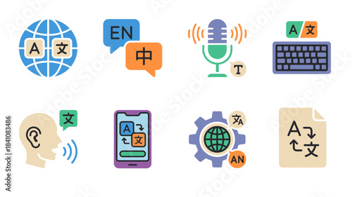 Global Language Translation and Communication Icons: Digital Translator, Interpretation, Dictionary, and Multilingual App Technology