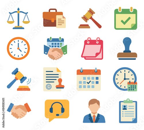 Legal, Justice, and Law Services Icons: Contract, Agreement, Lawyer, Auction, Calendar, Meeting, and Time Management Symbols