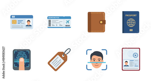 Biometric Security and Identity Icons Set: Fingerprint Scan, Facial Recognition, Passport, Tag, and Digital Identification Technology