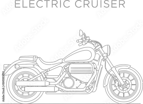 Minimalist line art of an electric cruiser motorcycle on a clean white background