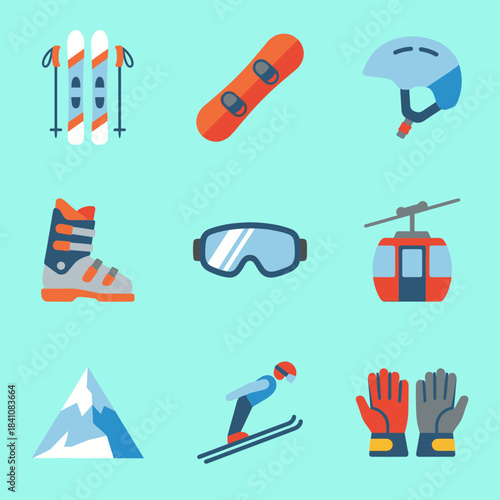 Winter Sports and Skiing Equipment Icons Set: Snowboard, Skis, Helmet, Goggles, Ski Lift, and Mountain Adventure Gear Collection