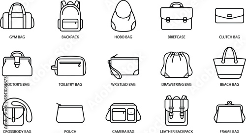 Bag collection icon set, fashion accessory outline symbols, travel luggage graphics, handbag illustration, modern purse interface icons, CAD drawing flat vector illustration