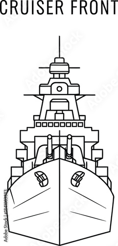 Front view of a minimalist line art illustration of a cruiser warship design