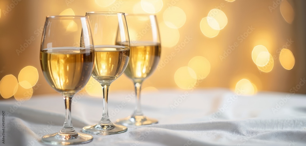Obraz premium Three wine glasses filled with white wine stand on a white tablecloth. Soft golden bokeh lights create a festive atmosphere, perfect for celebrations and gatherings.