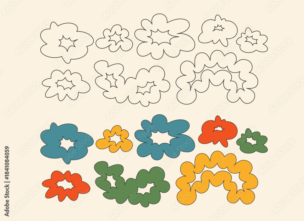 Obraz premium Set of cool minimalistic hand drawn abstract Y2k retro groovy wavy elements, icons, shapes, flowers, cloud, stickrers. Flatspeech bubble, frame, text box. Colorful futuristic design. Vector EPS10