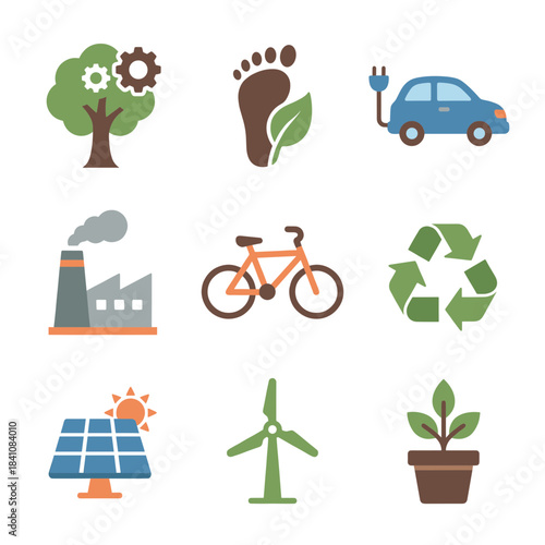 Environmental Protection and Eco-Friendly Icons: Recycling, Solar Power, Wind Energy, Electric Car, Carbon Footprint, and Green Technology