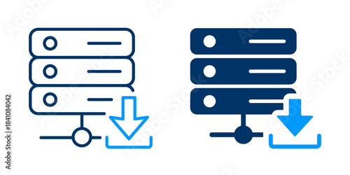 Server download icon. Showing data transfer from hosting equipment. 