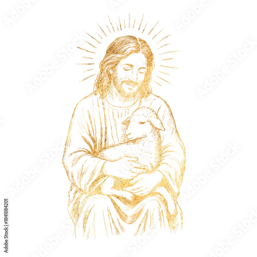 Golden Jesus Christ holding a lamb in his arms on a white background Freehand portrait. Vector. Handwritten pencil strokes. Hand drawn Christian biblical line. He is risen.