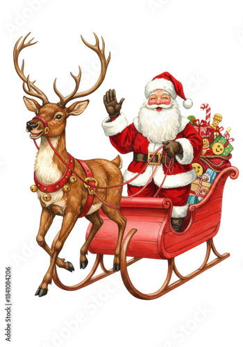 detailed watercolor illustration of jolly st. nicholas and his reindeer pulling a sleigh piled high with vintage toys, against a transparent background, nostalgic christmas illustration concept