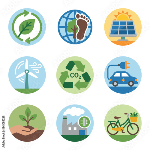 Eco-friendly and sustainable environment icon set for recycling, carbon footprint, renewable energy, and green lifestyle concepts