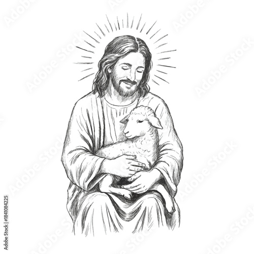Jesus Christ holding a lamb in his arms on a white background Freehand portrait. Vector. Handwritten pencil strokes. Hand drawn Christian biblical line. He is risen.