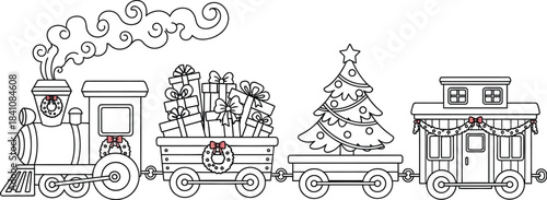 Festive christmas train carrying gifts and tree in a black and white outline