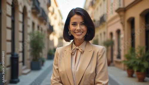 Fototapeta Naklejka Na Ścianę i Meble -  Elegant woman with bob haircut smiles. Wears beige suit, statement earrings. Stands on sunny city street with old architecture. Pro female, urban style, sophisticated look. Modern business woman