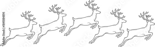 Five reindeer leaping in a row on a white background in a line drawing style