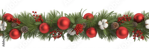 Christmas garland with red ornaments, cotton bolls, pine cones, and red berries on transparent background