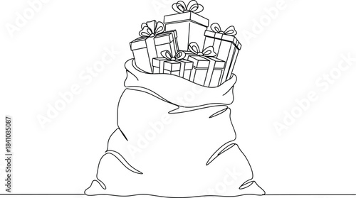 Santa's sack overflowing with christmas gifts in a continuous line drawing style