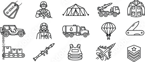 Military equipment icon collection, army outline symbols, defense operation graphics, tactical gear illustration, combat mission interface icons, CAD drawing flat vector illustration