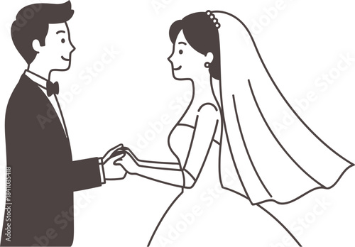 Cartoon wedding couple holding hands with a heart above them on a light background