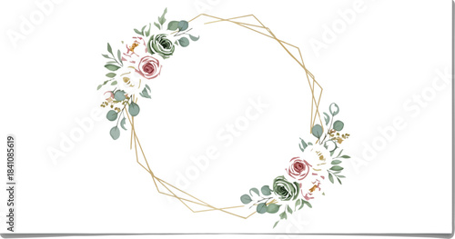 Watercolor floral frame with roses and leaves for wedding invitation design art